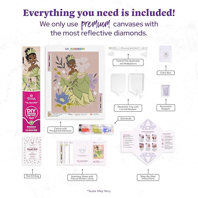 DIAMOND ART CLUB Tiana - Born to Dream Diamond Painting Kit, Fun DIY Crafts for Adults, Round Diamond Art Canvas, 13" x 17"