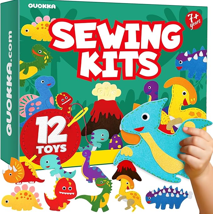QUOKKA Kids Crafts Ages 7-9, DIY Beginner Needle and Thread Kit - 12 Wild Dino Sewing Kit Basic - Fun Arts Crafts for Kids Ages 7-9 Girls Boys - Plastic Needles, Scissors - 7+ Year Old Girl Gifts