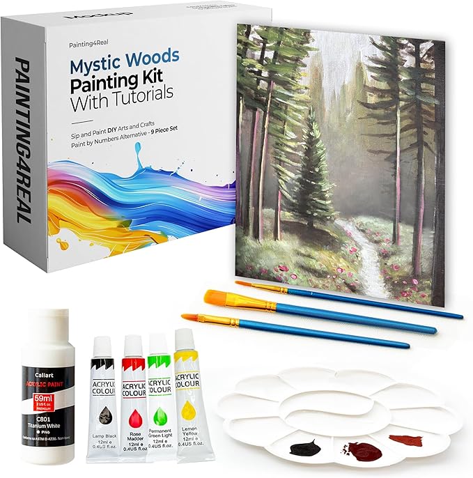 Painting4Real DIY Art Painting Kit for Adults – Learn to Paint Mystic Woods with Video Tutorials – 9 Pieces Acrylic Paint Set for Adults –Perfect Christmas Crafts & Holiday Gifts for Art Lovers