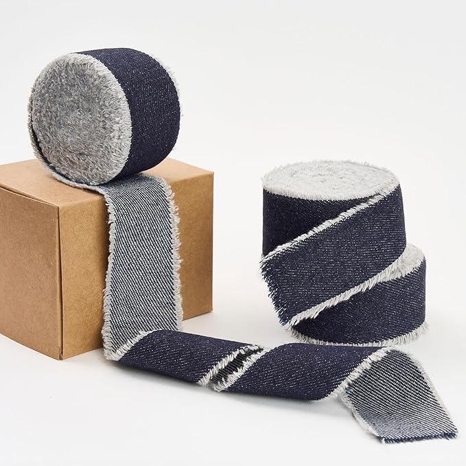 Dark Blue Denim Ribbon for Crafts Handmade Rustic Frayed Cotton Jean Fabric Ribbon for Flower Bouquet 15 Yards 1 1/2 Inch Cloth Ribbons for Gift Wrapping Hair Sewing Accessories Holiday Decor