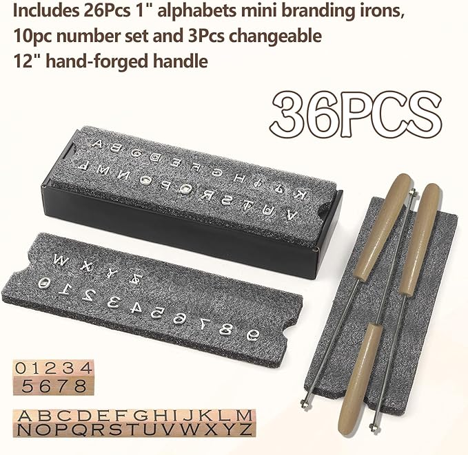 Aepiraza 36Pcs Mini 1" Assorted Characters Branding Irons, 26Pcs Letters and 10Pcs Numbers Leather Branding Tool with 3Pcs Changeable 12" Handle for Wood Working, Leather Hats, Felt, Cowhide