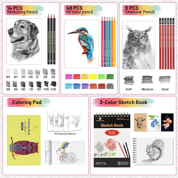 80pcs Drawing Kit Sketching Set Art Sketch Supplies Coloring pencils Kit 48 Colored pencil,14 Graphit, 6 Charcoal, 50 Page 3-Color sketckbook coloring book Portable Case ect. Beginners Artists Adults