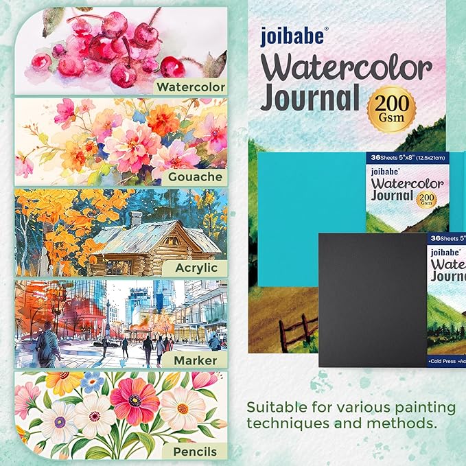 Joibabe Watercolor Journal，Cold Press Watercolor Paper Sketchbook 8” x 5”，36 Sheets 200gsm Watercolor Paper, Acid-Free for Watercolors, Gouache, Acrylics and Mixed Media（Black）
