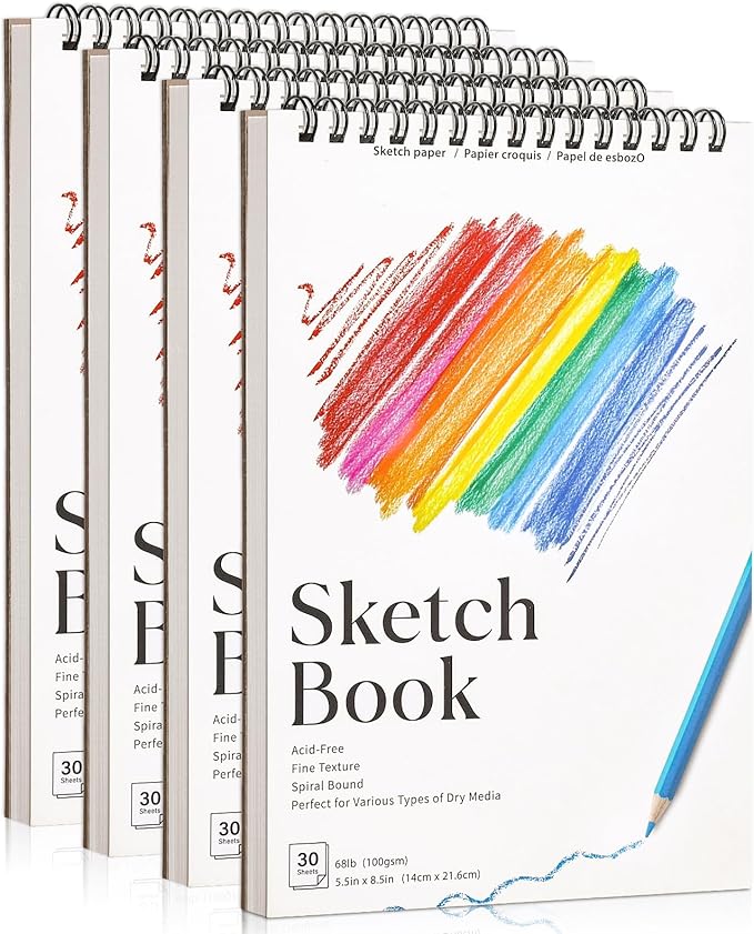 4 Pack Small Sketch Books, 5.5 x 8.5 Inch Mini Sketchbook, 68lb/100gsm Spiral Bound Small Sketch Pad, Acid Free Art Supplies Drawing Painting Sketchbook for Kids, Beginners, Artists