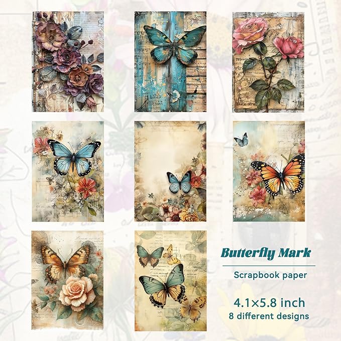 16 Sheets Scrapbook Paper, Vintage Decorative Scrapbook Supplies for Junk Journal Card Making Picture Art Collage DIY 4.1x5.8 inches, Butterfly theme