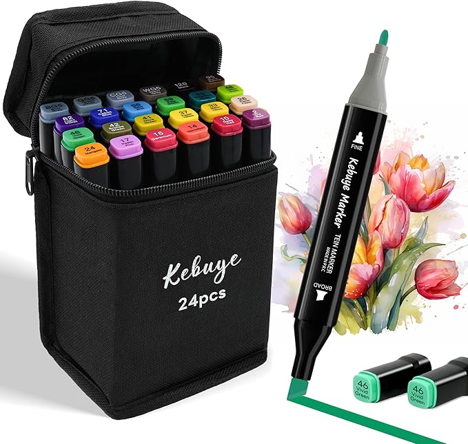 Alcohol Markers 24 Colors - Drawing Marker for Adult Coloring Books No Bleeding Dual Tip Art Marker - Art Market Set for School Sketching Coloring Alcohol Based Markers with Base