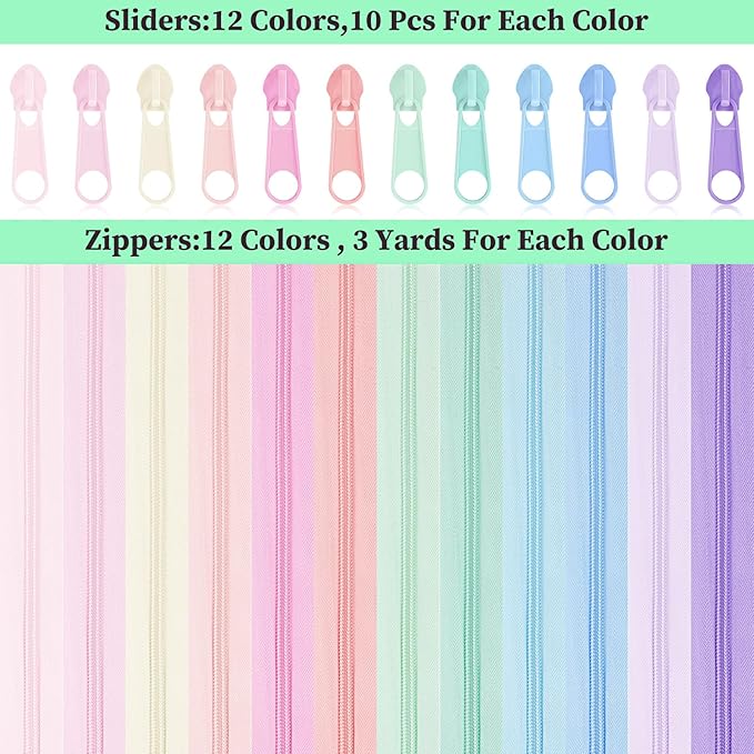 Syhood 36 Yards 12 Pieces #5 Sewing Zippers Tapes Assorted Nylon Lightweight with 120 Plastic Zipper Sliders for Women Men Sewing Supplies(Macaron Color)