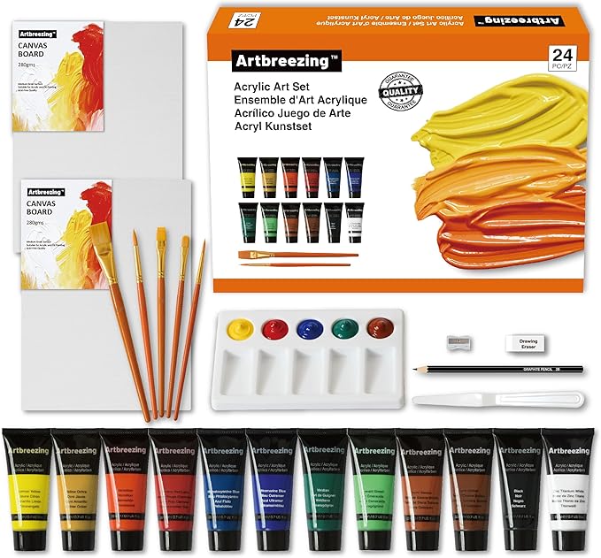 All-in-One Acrylic Painting Kit,12x22ml Rich Pigment Acrylic Paints,5 Different Shapes Brushes 2 Canvas Boards Palette Knife,Giftable Art Painting Set for Beginners Adults Artists