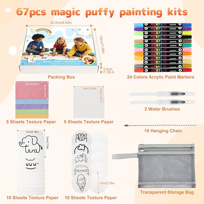 67pcs Magic Foam Texture Painting Kit,Magic Puffy Paint Include 30 Foam Texture Paper,24 Color Acrylic Puffy Markers,Aqua Puffs,aqua puffs for kids,Art Supplies for Kids,Creative Gifts for Christmas