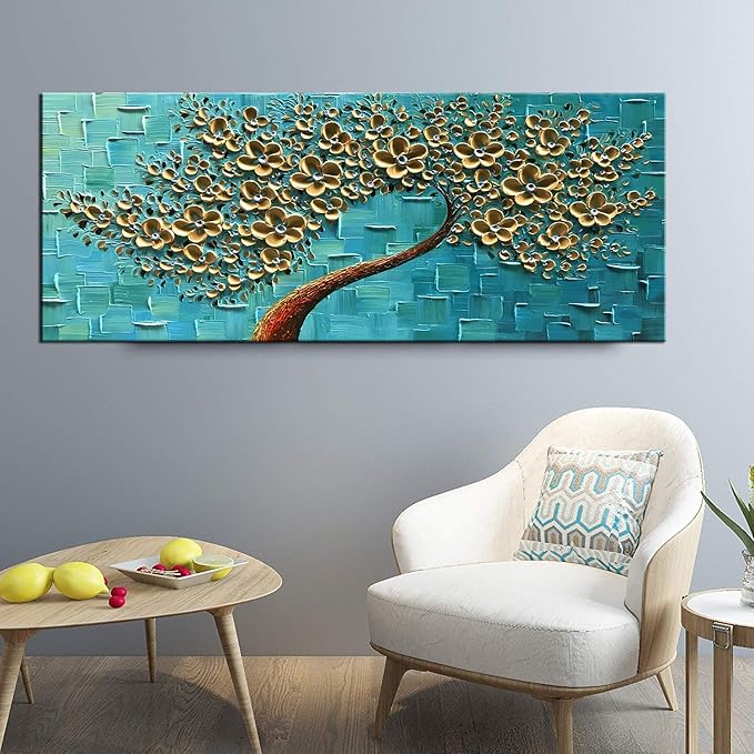 YaSheng Art - 3D Golden Flowers Oil Painting, Oil Painting On Canvas Texture Palette Knife Flowers Tree Paintings Abstract Landscape Artwork Canvas Wall Art Living Room Bedroom Home Decor 24x60inch