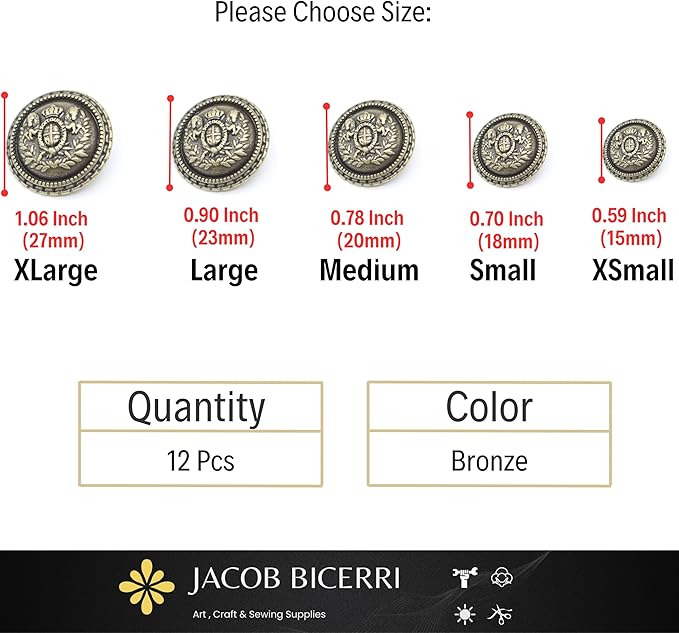 Bronze Metal Shank Buttons - 12 Pcs - 5 Size Options - Luxury Horse Round Wave Metal Shank Buttons for Men Women Blazer Coat Uniform Shirt Suit and Jacket Sewing Craft DIY N18102