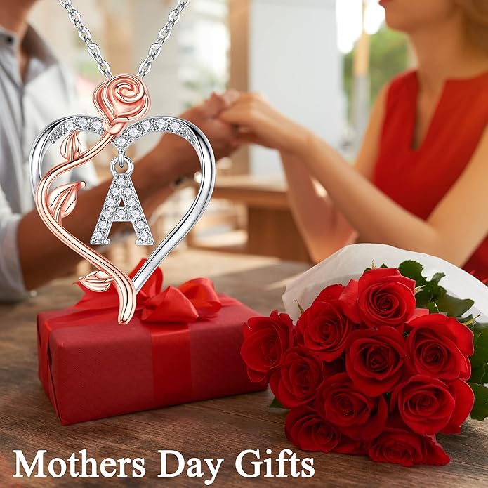 Iefil Christmas Gifts for Women Wife - 925 Sterling Silver Rose Heart Initial Necklace, Anniversary Birthday Gifts for Women, Jewelry Gift for Her Wife Girlfriend Mom Daughter