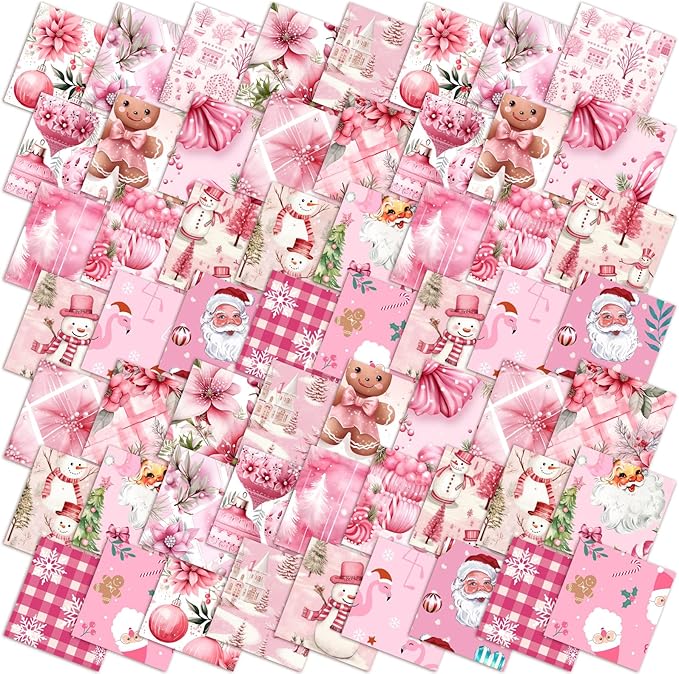 Oudain 60 Pcs 10 x 10 Inch Pink Christmas Quilting Fabric Vintage Christmas Fat Squares Patchwork Precut Strips Santa Flamingo Snowman Fabric Bundles for Xmas DIY Craft Sewing