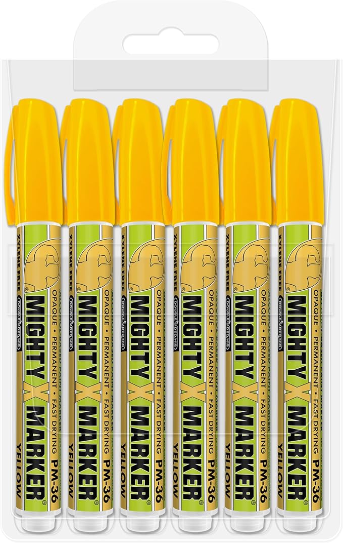 PM-36 Paint Marker, 2.3mm Bullet Tip, Permanent & Waterproof, DIY Crafts, Drawing, Glass, Ceramic, Stone, 6 Bonus Reversible Tips, Made in USA, Fl. Yellow 6 Pack