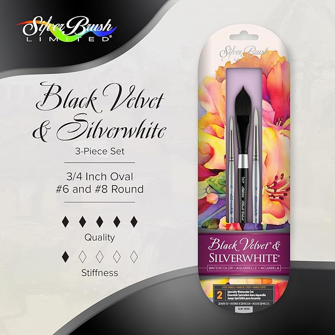 Silver Brush Limited SLM-3098 Susan Louise Moyer Specialty Watercolor Set, Set of 3, Size 3/4 Inch Oval and Sizes 6 and 8 Round Paintbrushes, Short Handle
