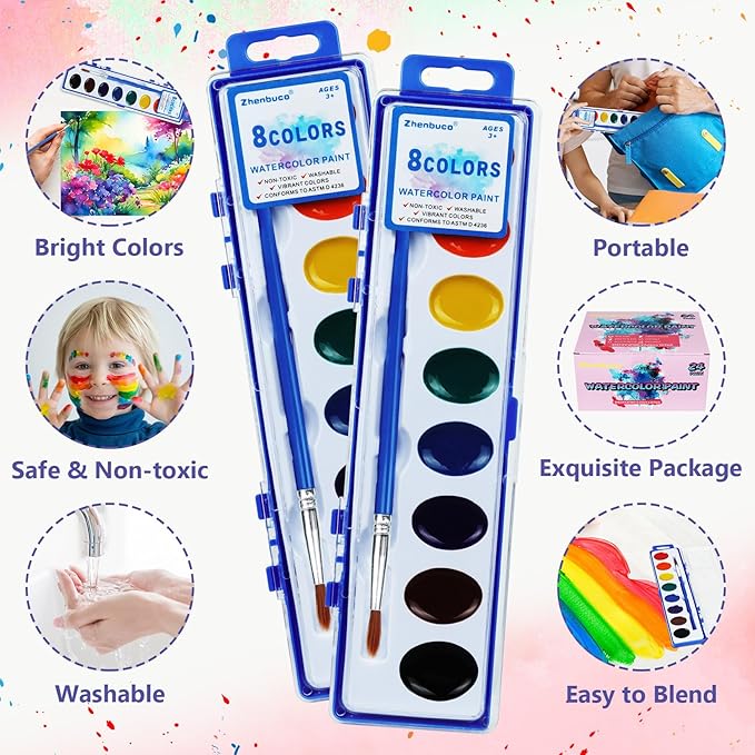 24 Pack Watercolor Paint Set - 8 Colors Quality Washable Water Color Paints Sets with Paint Brush, Kids Watercolor Paint Set for Coloring, Art, Classrooms, Party Favors and Paint Supplies