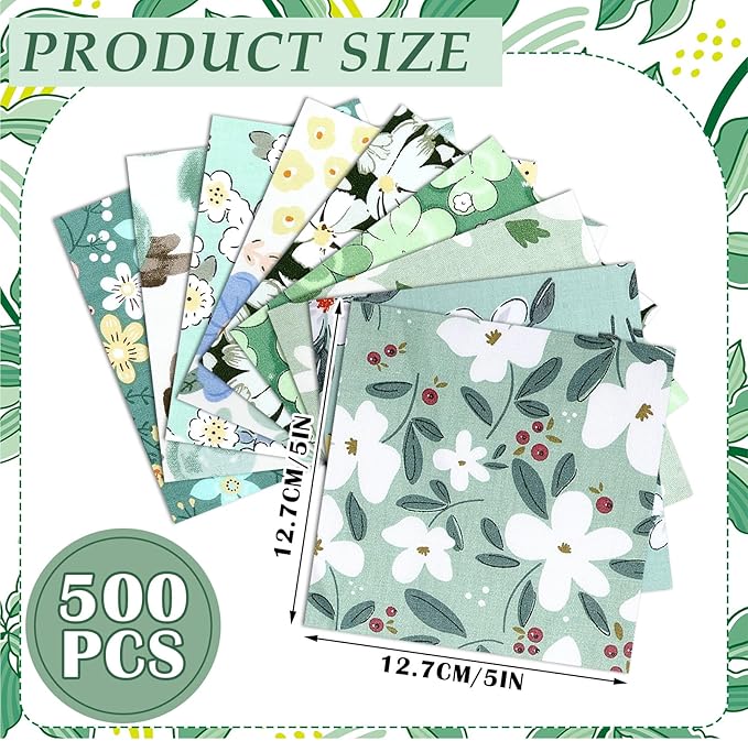 Ganeen 500 Pcs 5 x 5 Inches Cotton Fabric Squares Precut Quilting Fabric Bundles Solid Colors Quilt Material for DIY Craft Sewing Embroidery(Green Floral)