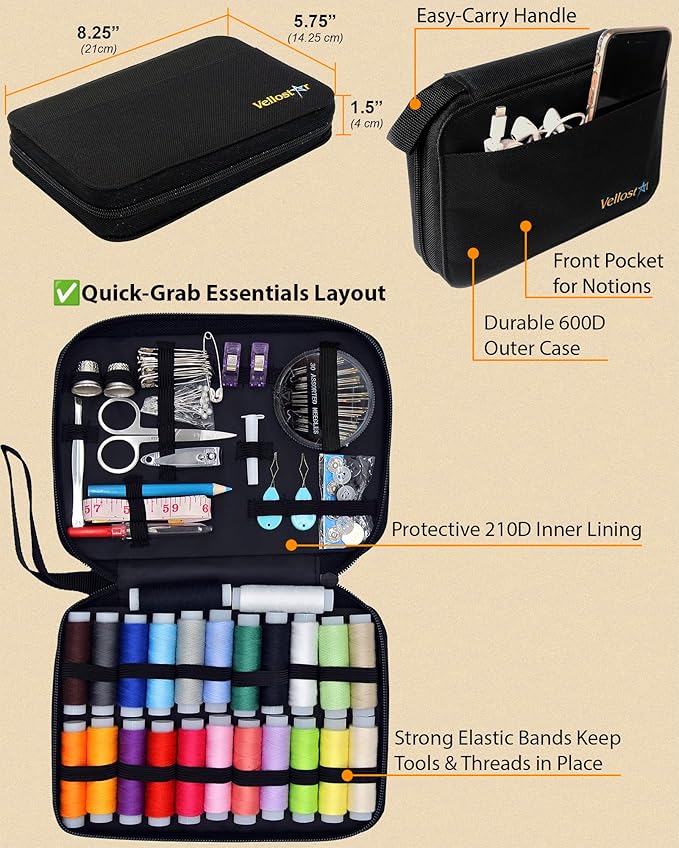 Vellostar Sewing Kit for Adults & Beginners - A Portable Hand Needle and Thread Kit with Premium Sewing Supplies and Accessories for Emergency Clothing Repairs, Travel, and Home Mending