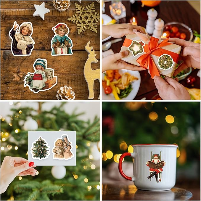 100 Pcs Christmas Stickers Non-Repeating Retro Santa Claus Stickers Christmas Decoration,Waterproof Holiday Sticker for Scrapbook,Cards,Junk Journals, Laptop,Water Bottles (Santa 100 Pcs)