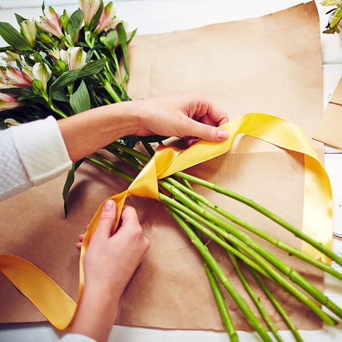 LIUYAXI Yellow Double Faced Satin Ribbon, 3/8" X Continuous 25 Yards, Ribbons Perfect for Gift Wrapping Bows Bouquet Wedding Decor DIY Craft and More