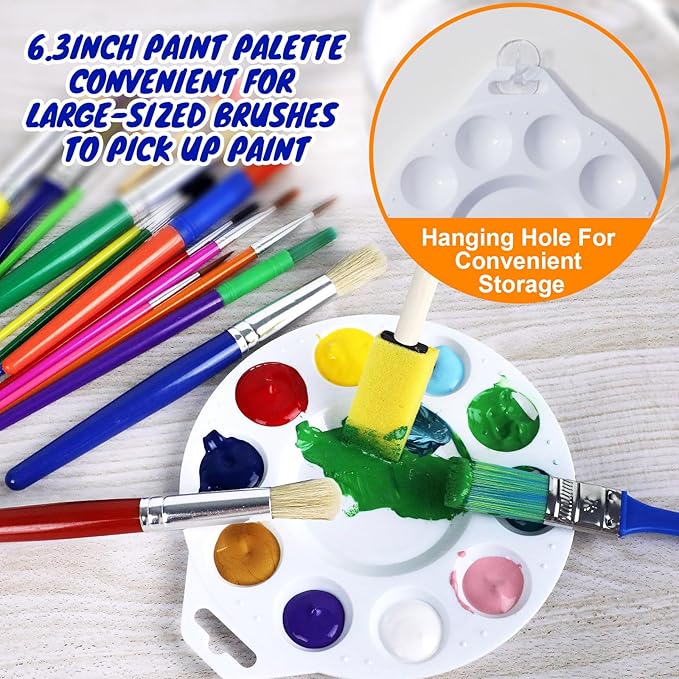 20 Pcs Painting Brushes for Kids, 19 Colorful Painting Brushes and 1 Paint Palette, All Purpose Paint Brush Value Pack for Acrylic, Watercolors & Washable Paints
