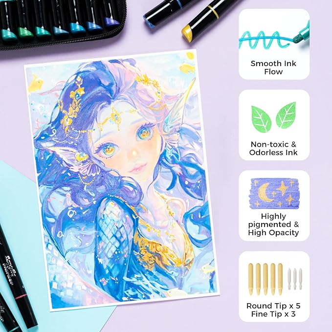 Ohuhu Metallic Acrylic Paint Markers 24 Metallic Colors 30 Pens: Dual Tips (Round & Fine) Acrylic Markers High Opacity Paint Pens for Rock Painting Eggs Wood Glass Ceramic - Kakaako