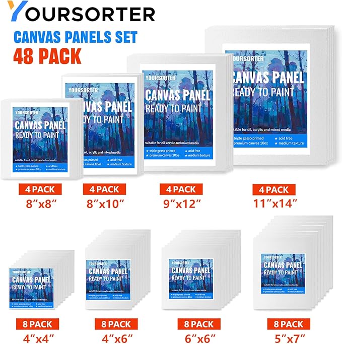 Canvas Boards for Painting, 48pcs Multi-Size Paint Canvas 4x4 4x6 6x6 5x7 8x8 8x10 9x12 11x14 Art Supplies for Adult, Kid&Artist, Primed Blank Cotton Canvases for Acrylic, Oil, Watercolor