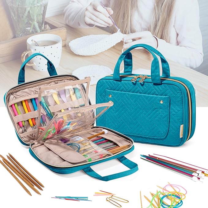 Yarwo Knitting Needles Case (up to 10.6"), Crochet Hooks Organizer with Double Handle for Circular Knitting Needles and Accessories, Teal (Bag Only)
