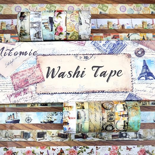 Vintage Washi Tape Set,12 Rolls Holiday Travel Aesthetic Decorative Tape Retro Poster Map Stamp Clocks Architecture Masking Washi Tape for Journaling Supplies, Scrapbooking, DIY Arts & Crafts