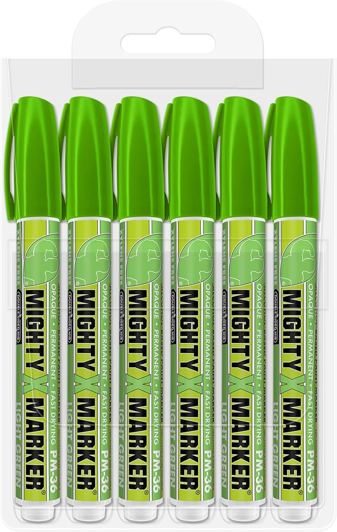 PM-36 Paint Marker, 2.3mm Bullet Tip, Permanent & Waterproof, DIY Crafts, Drawing, Glass, Ceramic, Stone, 6 Bonus Reversible Tips, Made in USA, Lt. Green 6 Pack