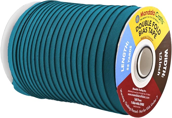 Mandala Crafts 55 Yards 1/2 Inch Dark Teal Double Fold Bias Tape for Sewing - Bias Binding Tape for Quilting Binding, Hemming, Seam, and Fabric Piping