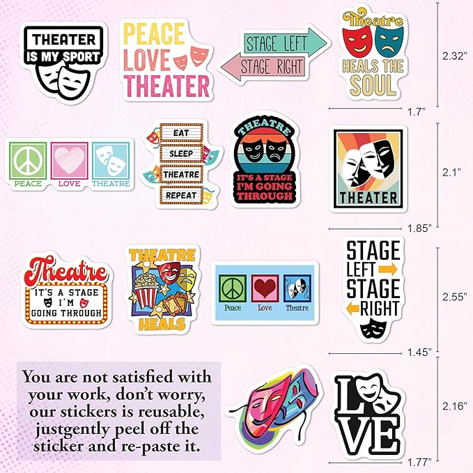BEATRI Theatre Stickers 50Pcs Aesthetic Musical Theatre Waterproof Vinyl Decor & Party Favors for Laptop, Water Bottle, Skateboard & Travel Gear | Non-Repeating Decals, High-Definition Print