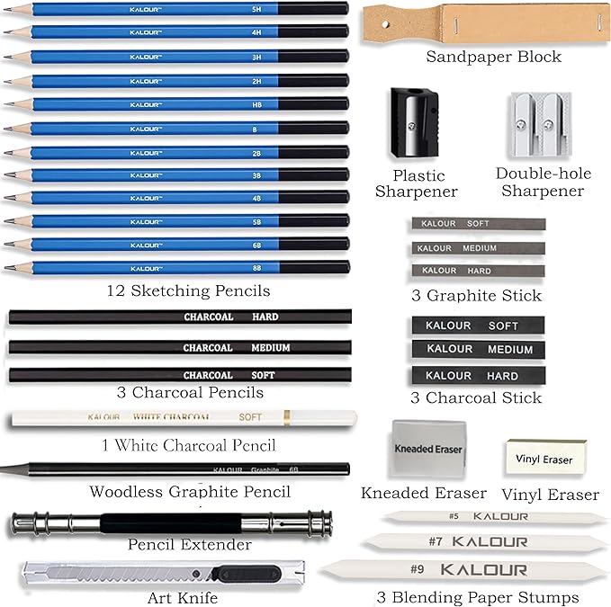 KALOUR 34 Sketching Pencil Set with Sketchbook - Zippered Travel Case - Sketch,Charcoal,Eraser - Art Drawing Supplies for Beginner, Kids,Adults