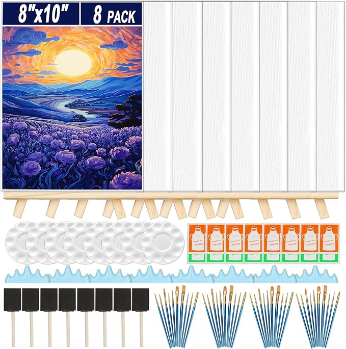 8 Pack Mini Canvas and Easel Set, 8×10 Inch Paint Party Kit Include 8 Small Easels 8 Color Palettes 8 Pen Holders 8 Sponge Brushes 16 Apron and 40 Brushes, Canvas Kit for Painting Party