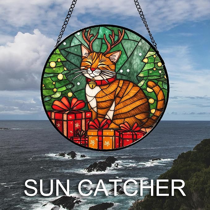 Stained Glass Window Hanging Orange Cat Elk Antler 9.8" - Suncatcher Door Garden Kitchen Sun Catcher Home Decor Birthday Gifts for Lost Pets Mom Men Woman Friend Grandma