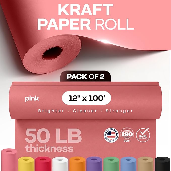 12" x 1200" (100 ft) Pink Kraft Paper Roll, Pack of 2 - USA-Made Quality Craft Paper for Gift Wrapping, Kids' Arts & Crafts, School Projects - 100% Recycled, 50 lb Natural Material by IDL Packaging