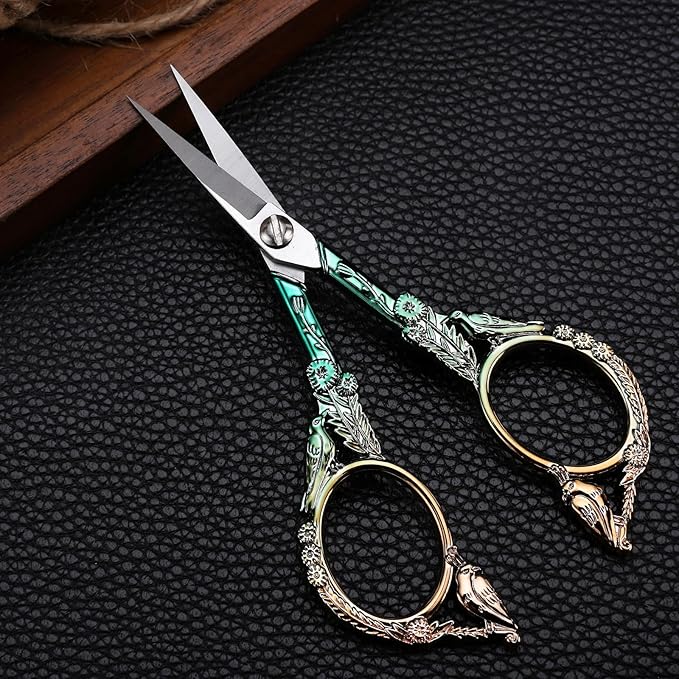Embroidery Scissors, Sharp Pointed Sewing Scissors for Craft Cross Stitch Needlework Artwork Knitting Threading Small DIY Tools, 4.6in Gold Green Cute Bird