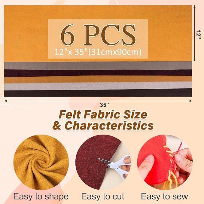 XSEINO 6 Rolls 12"x35" 1.4mm Thick Soft Felt Fabric Sheet 6 Assorted Maillard Series Colors Felt Pack for DIY Craft Sewing Squares Nonwoven Patchwork