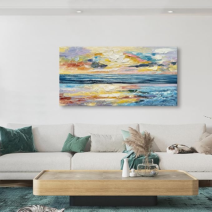 Art Hand Painted Ocean Landscape Oil Painting Sea Sunset Landscape Modern Abstract Art Home Wall Decoration 24x48 Inches