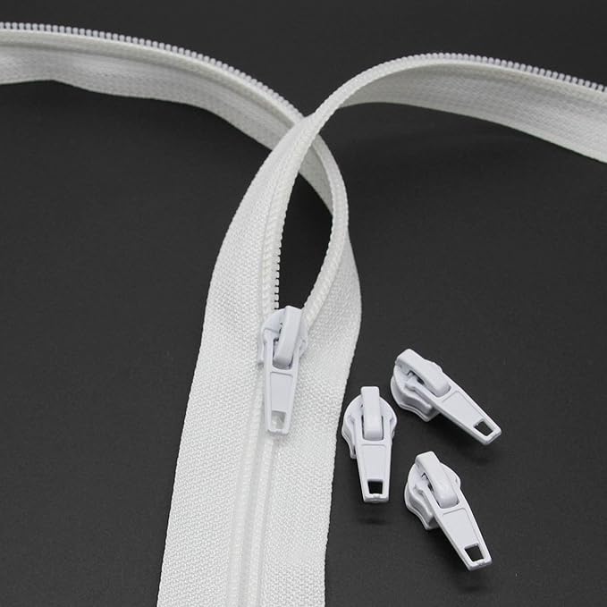 Leekayer Nylon Zipper - 10 Yards Continuous, 5# Cuttable, With 25 White Zipper Pull Sliders for Craft Bag