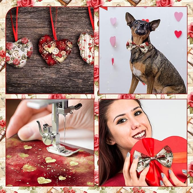 20 Pcs 10''x10'' Vintage Valentines Quilting Fabric Square Bundle Love Heart Precuts Quiltted Fabric Red and Pink Rose Printed Patchwork Supplies for DIY Material Sewing Craft Strips