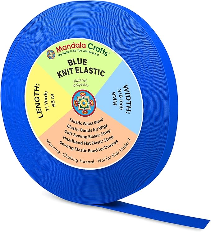 Mandala Crafts Wide 3/8 Inch Blue Elastic Bands Spool for Pants Waistbands Sewing and DIY Crafts, 71 YD Stretchy Flat Fabric Strap Knit Elastic Band for Wig