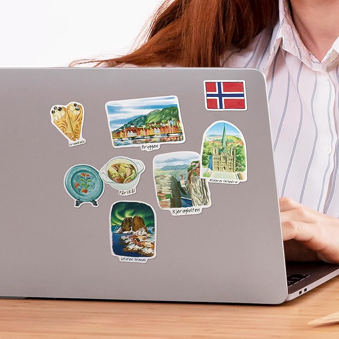 Navy Peony Nordic Norway Travel Stickers (28pcs) - Watercolor, Scandinavia, Norwegian-Themed Vacation Decals for Journals, Scrapbooks, Waterbottles