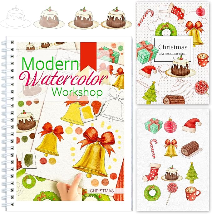 Watercolor Workbook for Beginners with Step-by-Step - 12 Watercolor Coloring Pages - 100% Cotton 300gsm/140lb Watercolor Paper - Gift for Women,Adults, Teens (Christmas)