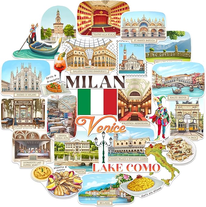 Navy Peony Northern Italy Travel Stickers (28pcs) - Gouache Style, Waterproof, Milan Venice-Themed Vacation Decals for Scrapbooks, Waterbottle