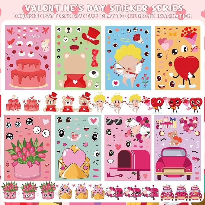 XZENTIRA 32 PCS Valentines Day DIY Stickers 8 Designs Holiday Stickers for DIY Valentines Day Crafts Party Gifts Galentines Decorations