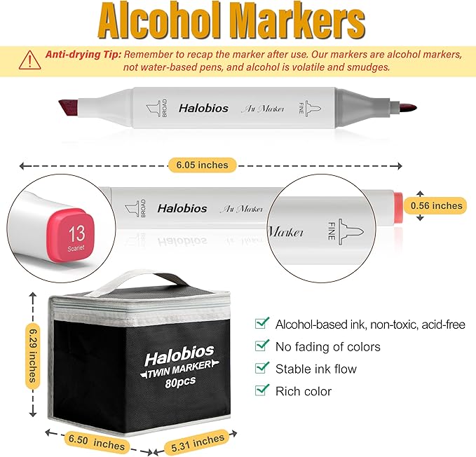 80 Alcohol Markers, Dual Tip Fine & Broad Drawing Markers Alcohol Marker Set with Case, Art Marker for Student Adults Coloring Artists Drawing Sketching Card Making and Illustration