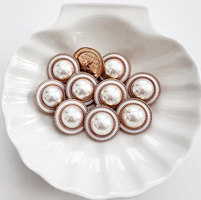 PEPPERLONELY 10PC Faux Pearl Metal Buttons for Clothing, Jeans, Crafts, Pants, Blazer, Sewing, Jacket, Jewlery Making (Gold/White, 25mm)