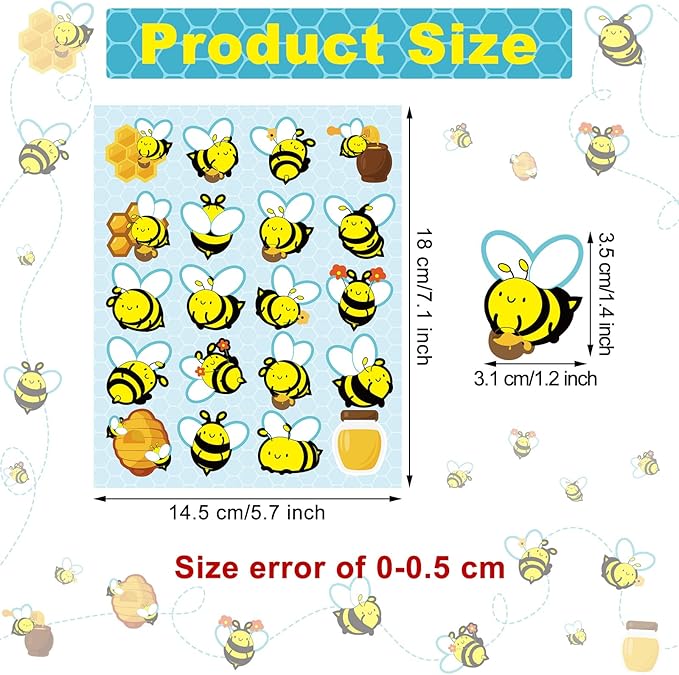 Containlol 500 Pcs Waterproof Bee Stickers 25 Sheets 20 Styles Cartoon Self-Adhesive Honey Bee Stickers for Chart DIY Crafts Scrapbooking Party Favors