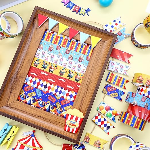 12 Rolls Circus Washi Tape Set, Vintage Carnival Cartoon Decorative Tape Tent Clown Tickets Masking Tape for Journaling Supplies, Junk Journal, Scrapbooking, DIY Arts & Crafts, Gift Wrapping